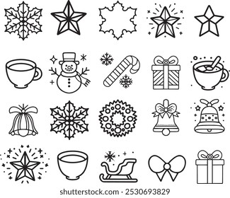 Definir vetor ícone linear Natal item desenho linha arte símbolo de Ano Novo clipart para design Férias celebração conceito contorno decoração gráfico boneco de neve crianças simples objetos colorir página