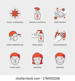 Set of Vector Linear Icons for Avoid Contact, Check Temperature, Wash Hands, Cleaning Spray, Hand Sanitizer and more. Collection of 9 COVID-19 Icons.