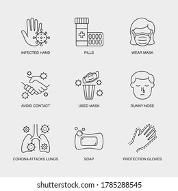 Set of Vector Linear Icons for Avoid Contact, Used Mask, Runny Nose and more. Collection of 9 COVID-19 Icons.