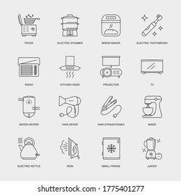 Set of Vector Linear Icons for Bread Maker, Electric Toothbrush, Radio and more. Collection of 16 Household Icons.