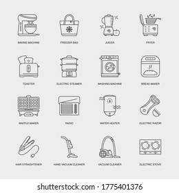 Set of Vector Linear Icons for Bread Maker, Waffle Maker, Radio and more. Collection of 16 Household Icons.