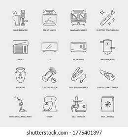 Set of Vector Linear Icons for Bread Maker, Sandwich Maker, Electric Toothbrush and more. Collection of 16 Household Icons.