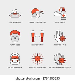 Set Of Vector Linear Icons For Check Temperature, Wash Hands, Runny Nose, Protection Shield, Wet Wipes And More. Collection Of 9 COVID-19 Icons.