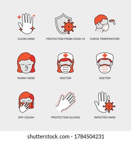 Set of Vector Linear Icons for Check Temperature, Runny Nose, Doctor In Mask, Rubber Gloves and more. Collection of 9 COVID-19 Icons.