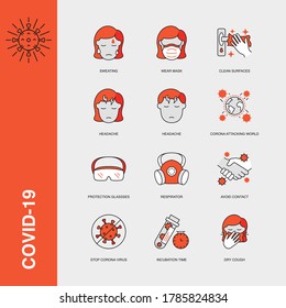 Set of Vector Linear Icons for Clean Surfaces, Headache, Protection Glasses, Avoid Contact and more. Collection of 12 COVID-19 Icons.