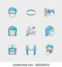 Set of Vector Linear Icons for Clean Surfaces, Headache, Avoid Contact and more. Collection of 9 COVID-19 Icons.