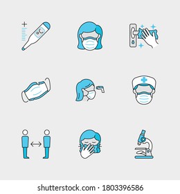 Set of Vector Linear Icons for Clean Surfaces, Used Mask, Check Temperature and more. Collection of 9 COVID-19 Icons.