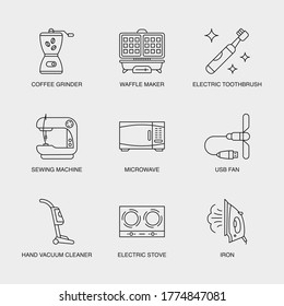 Set of Vector Linear Icons for Coffee Grinder, Waffle Maker, Electric Toothbrush and more. Collection of 9  Household Icons.