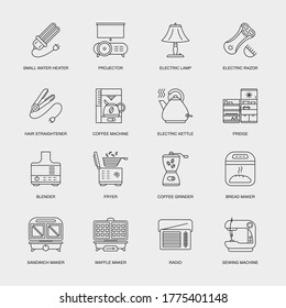 Set of Vector Linear Icons for Coffee Grinder, Bread Maker, Sandwich Maker and more. Collection of 16 Household Icons.