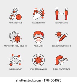 Set Of Vector Linear Icons For Corona Virus Vaccine, Avoid Contact, Stop Corona Virus, Protection Shield, Keep Distance And More. Collection Of 9 COVID-19 Icons.