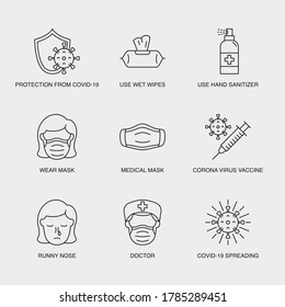 Set of Vector Linear Icons for Corona Virus Vaccine, Runny Nose, Doctor and more. Collection of 9 COVID-19 Icons.