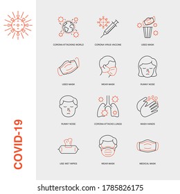 Set of Vector Linear Icons for Corona Attacking World, Corona Virus Vaccine, Used Mask and more. Collection of 12 COVID-19 Icons.