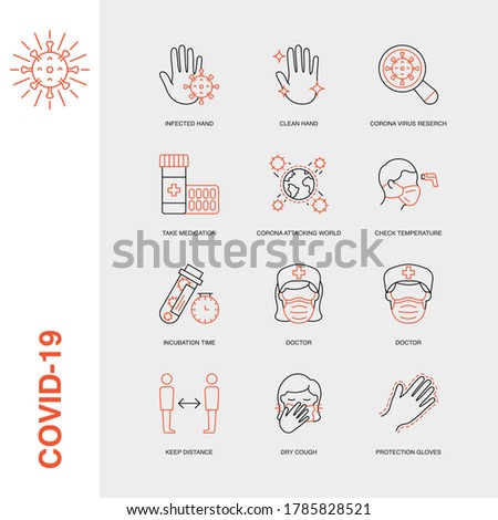 Set of Vector Linear Icons for Corona Attacking World, Check Temperature, Incubation Time and more. Collection of 12 COVID-19 Icons.