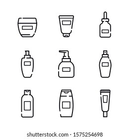 Set of vector linear icons of cosmetics. Bottles with spray, dispenser and dropper, cream jar, tube. 