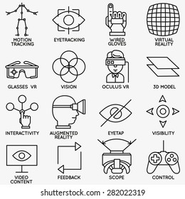 Set of vector linear icons of devices for virtual reality - vector icons