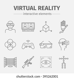 Set of vector linear icons of devices for virtual reality. Vector icons