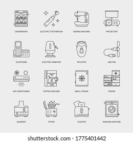 Set of Vector Linear Icons for Electric Toothbrush, Sewing Machine, Projector and more. Collection of 16 Household Icons.