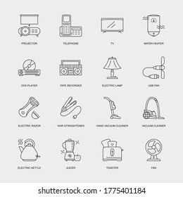 Set of Vector Linear Icons for Fan, Projector, Telephone and more. Collection of 16 Household Icons.