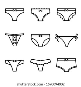 Set of vector linear icons of female panties isolated on white background. Outline illustration of woman underwear