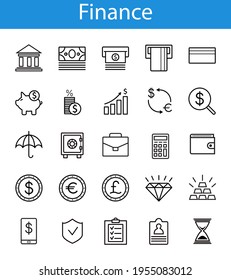 set of vector linear icons of finance and money isolated black on white background
