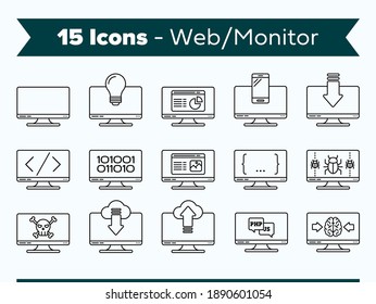 A set of vector linear icons, in the form of monitors dedicated to web and programming.