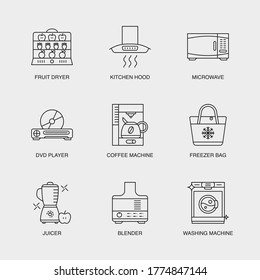 Set of Vector Linear Icons for Fruit Dryer, Kitchen Hood, Microwave and more. Collection of 9  Household Icons.