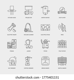 Conjunto de Iconos Lineales Vectoriales para Secador de Frutas, Grinder de Nueces, Grinder de Café y más. Colección de 16 íconos domésticos.