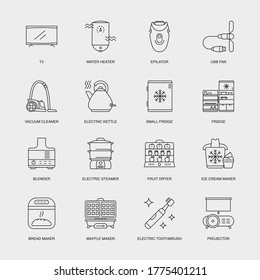 Set of Vector Linear Icons for Fruit Dryer, Ice Cream Maker, Bread Maker and more. Collection of 16 Household Icons.