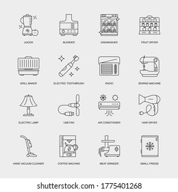 Set of Vector Linear Icons for Fruit Dryer, Grill Maker, Electric Toothbrush and more. Collection of 16 Household Icons.