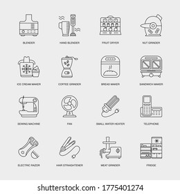 Set of Vector Linear Icons for Fruit Dryer, Nut Grinder, Ice Cream Maker and more. Collection of 16 Household Icons.