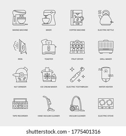 Set of Vector Linear Icons for Fruit Dryer, Grill Maker, Nut Grinder and more. Collection of 16 Household Icons.