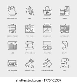 Set of Vector Linear Icons for Fruit Dryer, Bread Maker, Waffle Maker and more. Collection of 16 Household Icons.