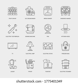 Set of Vector Linear Icons for Fruit Dryer, Ice Cream Maker, Bread Maker and more. Collection of 16 Household Icons.