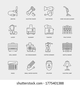 Set of Vector Linear Icons for Fruit Dryer, Grill Maker, Ice Cream Maker and more. Collection of 16 Household Icons.