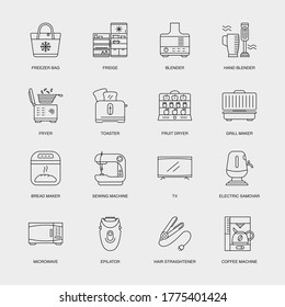 Set of Vector Linear Icons for Fruit Dryer, Grill Maker, Bread Maker and more. Collection of 16 Household Icons.