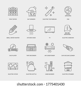 Set of Vector Linear Icons for Fruit Dryer, Nut Grinder, Electric Toothbrush and more. Collection of 16 Household Icons.