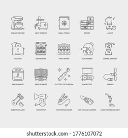 Set of Vector Linear Icons for Fruit Dryer, Nut Grinder, Coffee Grinder and more. Collection of 20 Household Icons.