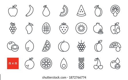 Satz von Vektorlinearen Symbolen. Früchte und Beeren. Kontur, Form, Umriss. dünn. Modernes minimalistisches Design. Gesunde Lebensmittel und Vitamine