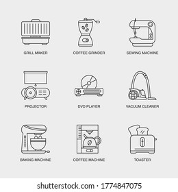 Set of Vector Linear Icons for Grill Maker, Coffee Grinder, Sewing Machine and more. Collection of 9  Household Icons.