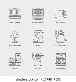 Set of Vector Linear Icons for Grill Maker, Waffle Maker, Microwave and more. Collection of 9  Household Icons.