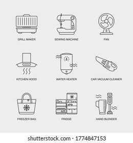 Set of Vector Linear Icons for Grill Maker, Sewing Machine, Fan and more. Collection of 9  Household Icons.