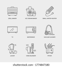 Set of Vector Linear Icons for Grill Maker, Ice Cream Maker, Small Water Heater and more. Collection of 9  Household Icons.