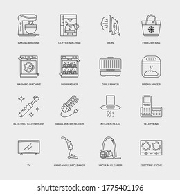 Set of Vector Linear Icons for Grill Maker, Bread Maker, Electric Toothbrush and more. Collection of 16 Household Icons.