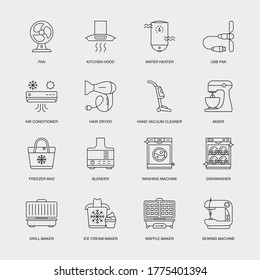 Set of Vector Linear Icons for Grill Maker, Ice Cream Maker, Waffle Maker and more. Collection of 16 Household Icons.