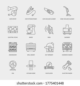 Set of Vector Linear Icons for Grill Maker, Nut Grinder, Sandwich Maker and more. Collection of 16 Household Icons.