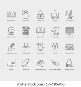 Set of Vector Linear Icons for Grill Maker, Nut Grinder, Waffle Maker and more. Collection of 20 Household Icons.