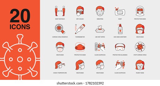 Set of Vector Linear Icons for Hand Sanitizer, Thermometer, Medical Mask, Check Temperature and more. Collection of 20 covid Icons.