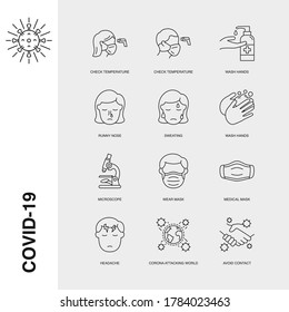 Set of Vector Linear Icons for Headache, Corona Attacking World, Avoid Contact, Medical Mask, Microscope, Runny Nose and more. Collection of 12 COVID-19 Icons.