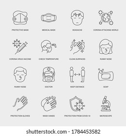 Set of Vector Linear Icons for Headache, Corona Attacking World, Corona Virus Vaccine and more. Collection of 16 COVID-19 Icons.