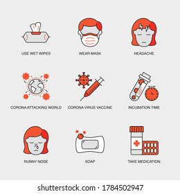 Set of Vector Linear Icons for Headache, Corona Attacking World, Corona Virus Vaccine and more. Collection of 9 COVID-19 Icons.